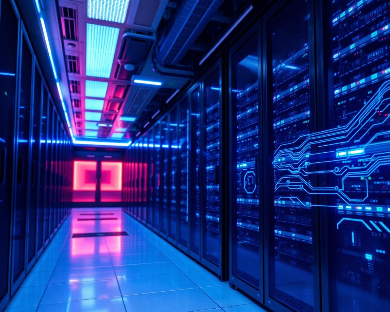 High-tech secure server room with blue ambient lighting representing Zari Tech infrastructure